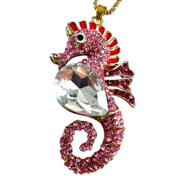 Betsey Johnson Pink Crystal Seahorse Pendant Necklace Gold Tone Chain - Picture 1 of 3